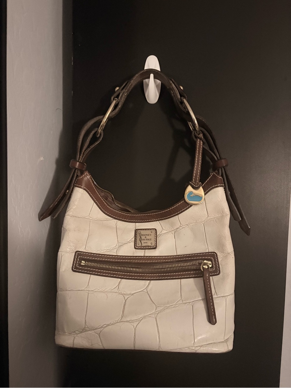 Dooney & Bourke White Croc-Embossed Shoulder Bag with Brown Trim